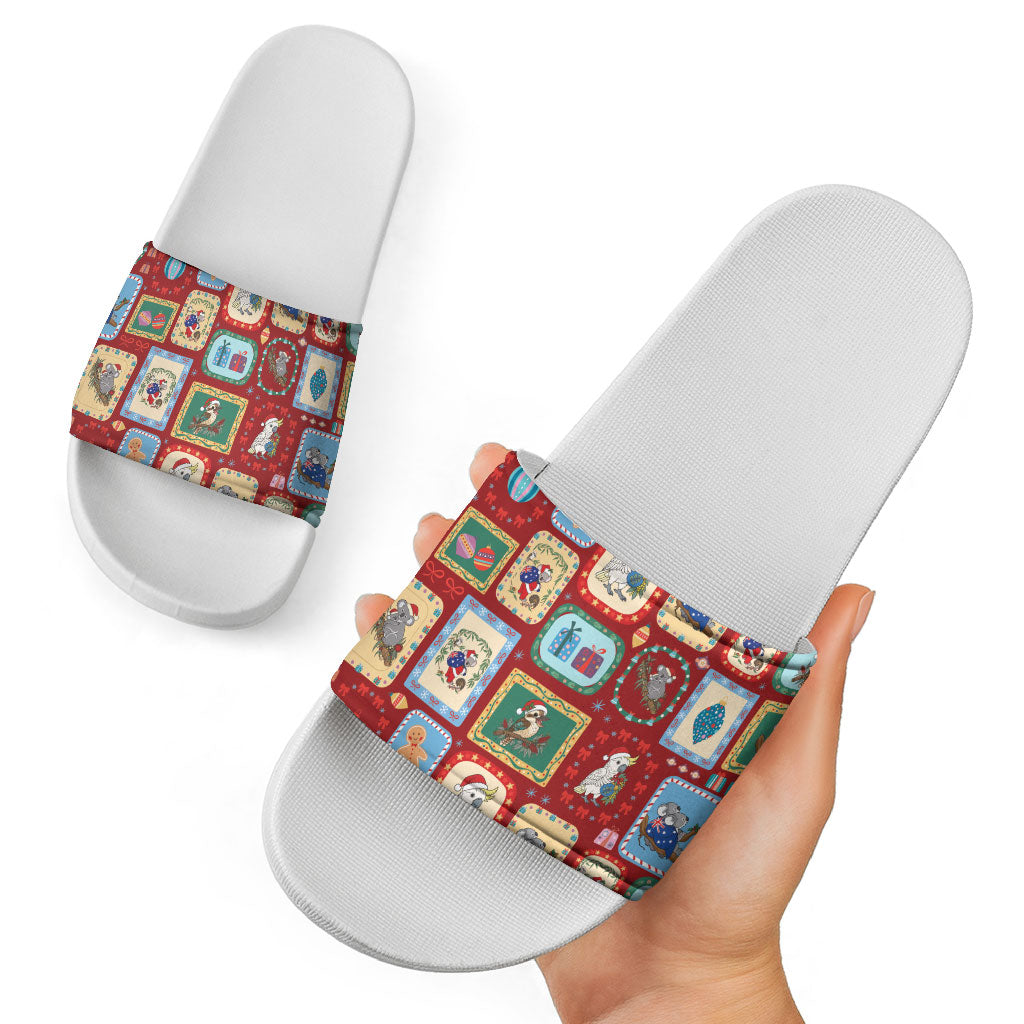 Australia Wildlife Christmas Stamp Slide Sandals Red Aussie Native Animal Seamless Pattern