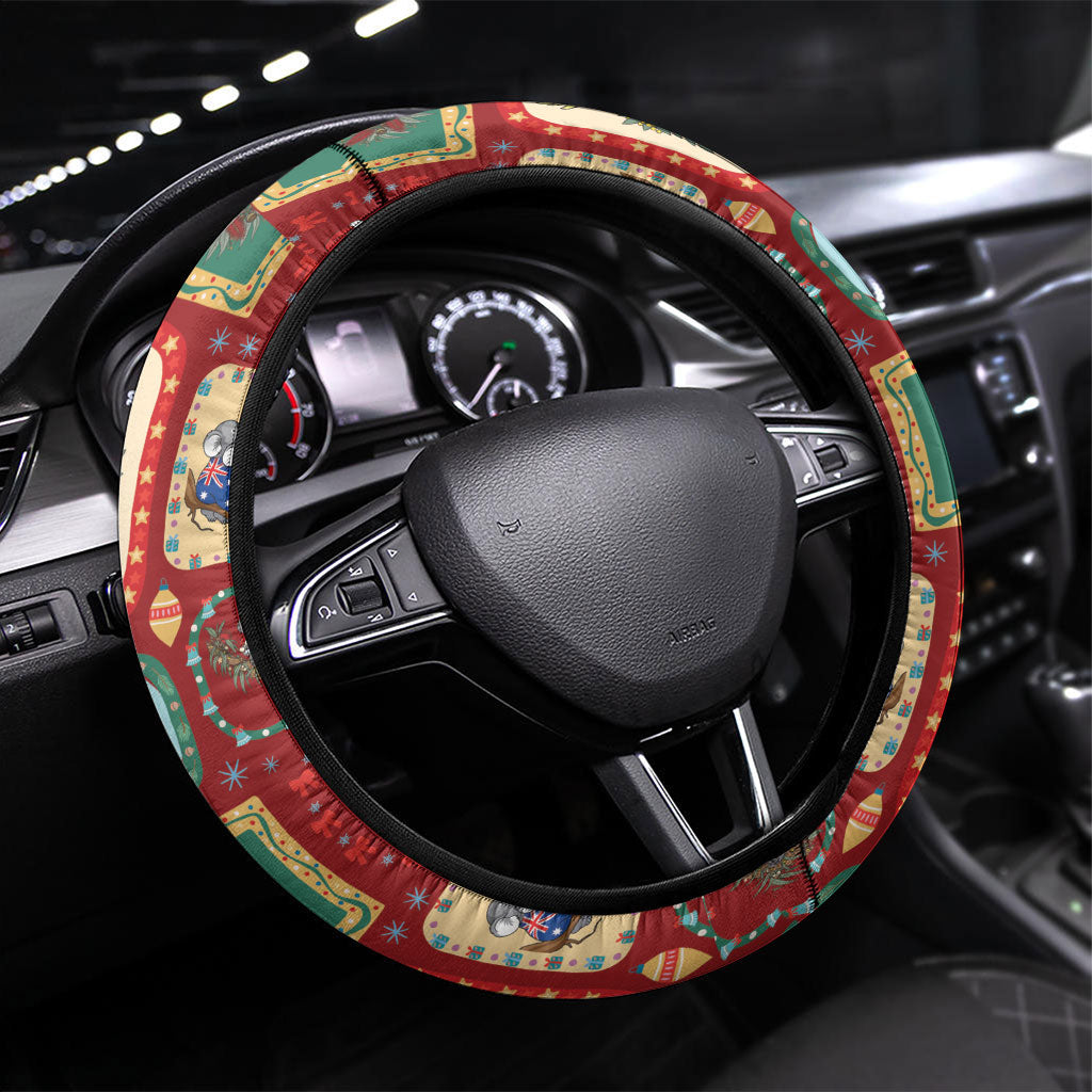 Australia Wildlife Christmas Stamp Steering Wheel Cover Red Aussie Native Animal Seamless Pattern