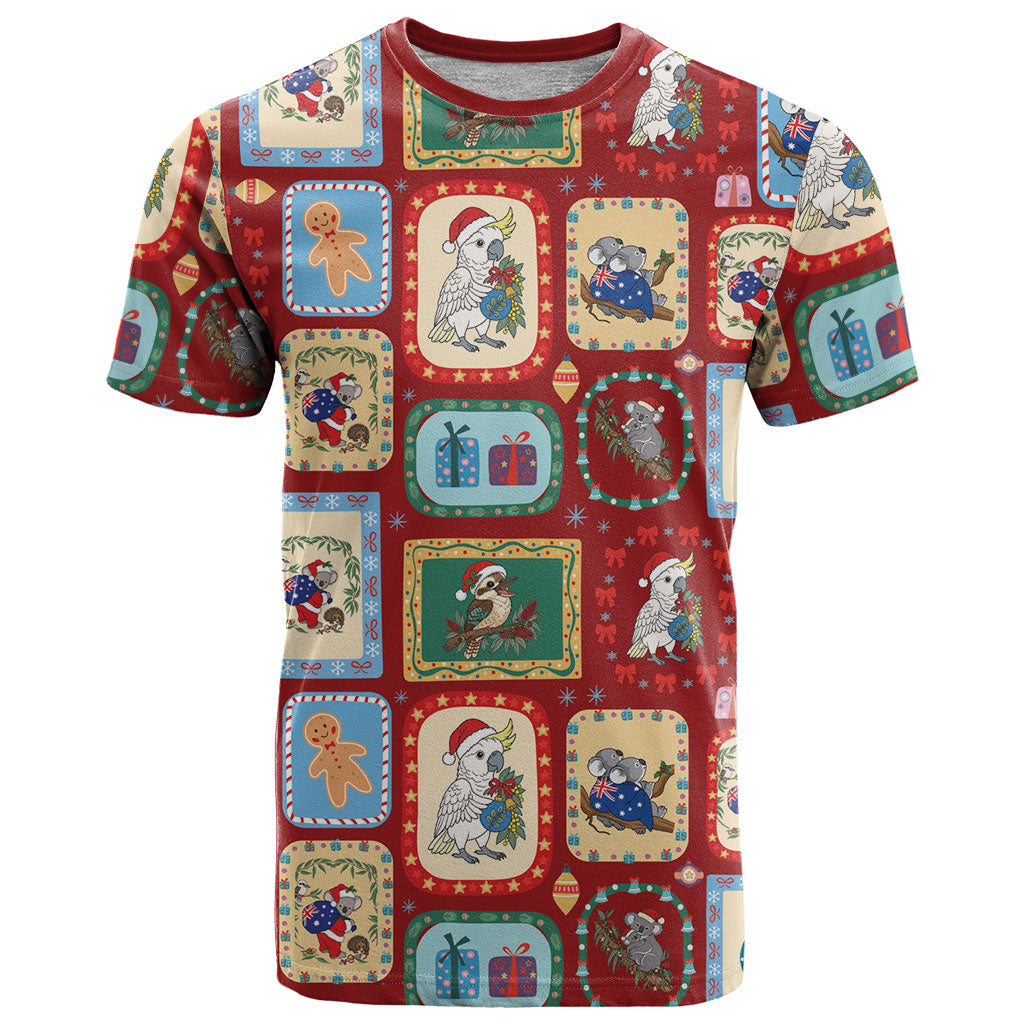 Australia Wildlife Christmas Stamp T Shirt Red Aussie Native Animal Seamless Pattern