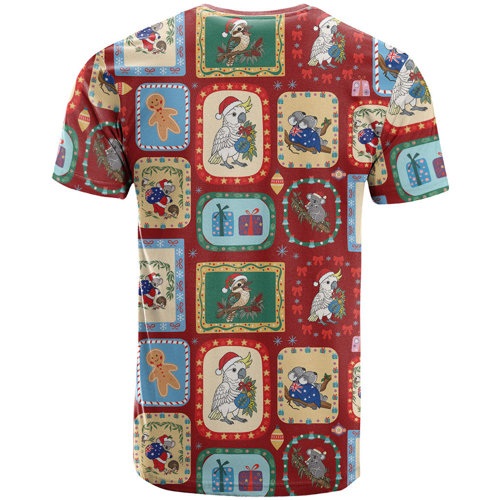 Australia Wildlife Christmas Stamp T Shirt Red Aussie Native Animal Seamless Pattern
