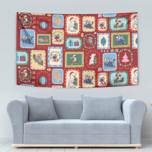 Australia Wildlife Christmas Stamp Tapestry Red Aussie Native Animal Seamless Pattern