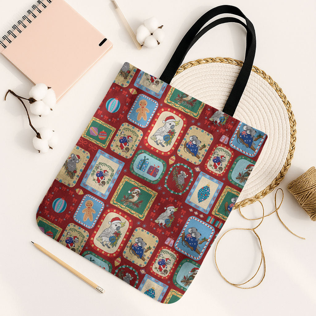 Australia Wildlife Christmas Stamp Tote Bag Red Aussie Native Animal Seamless Pattern