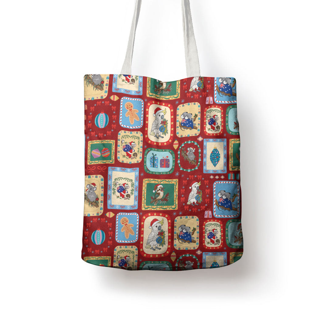 Australia Wildlife Christmas Stamp Tote Bag Red Aussie Native Animal Seamless Pattern