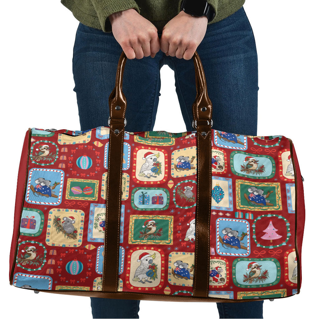 Australia Wildlife Christmas Stamp Travel Bag Red Aussie Native Animal Seamless Pattern