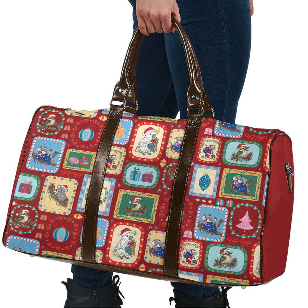 Australia Wildlife Christmas Stamp Travel Bag Red Aussie Native Animal Seamless Pattern