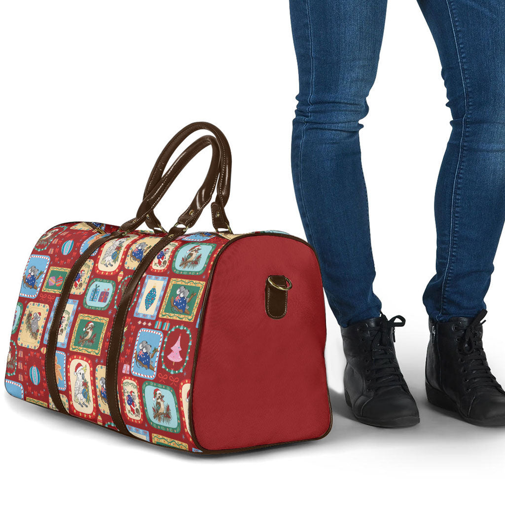 Australia Wildlife Christmas Stamp Travel Bag Red Aussie Native Animal Seamless Pattern