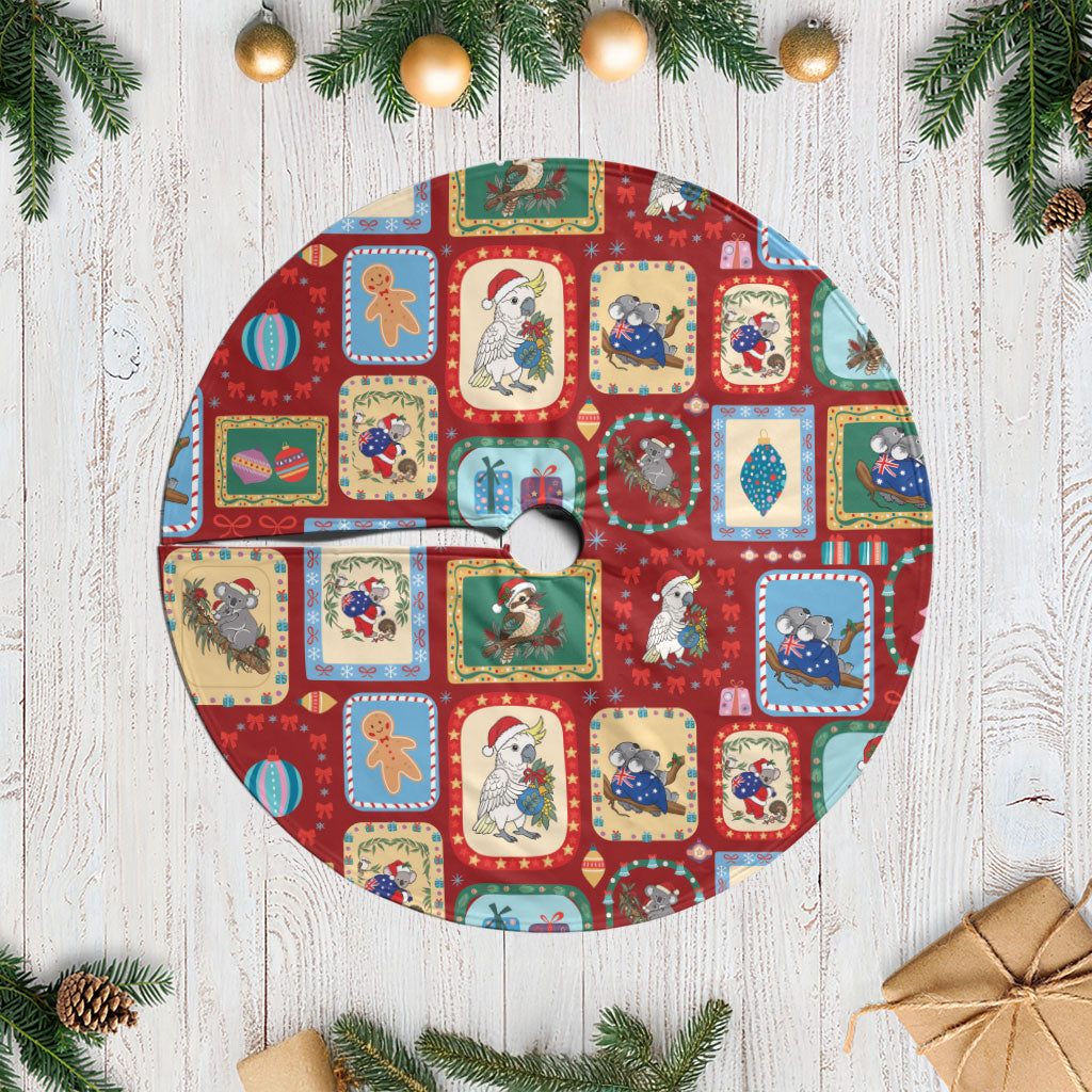 Australia Wildlife Christmas Stamps Tree Skirt Red Aussie Native Animal Seamless Pattern