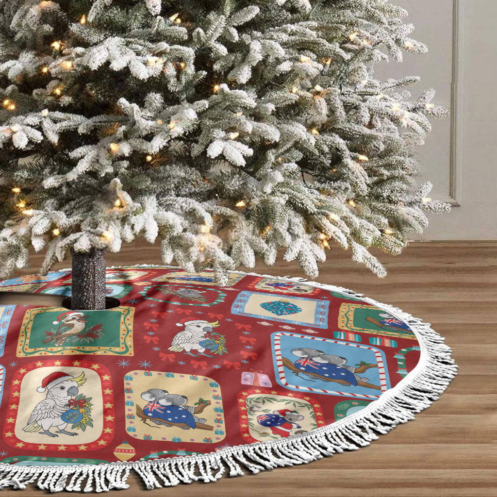 Australia Wildlife Christmas Stamps Tree Skirt Red Aussie Native Animal Seamless Pattern