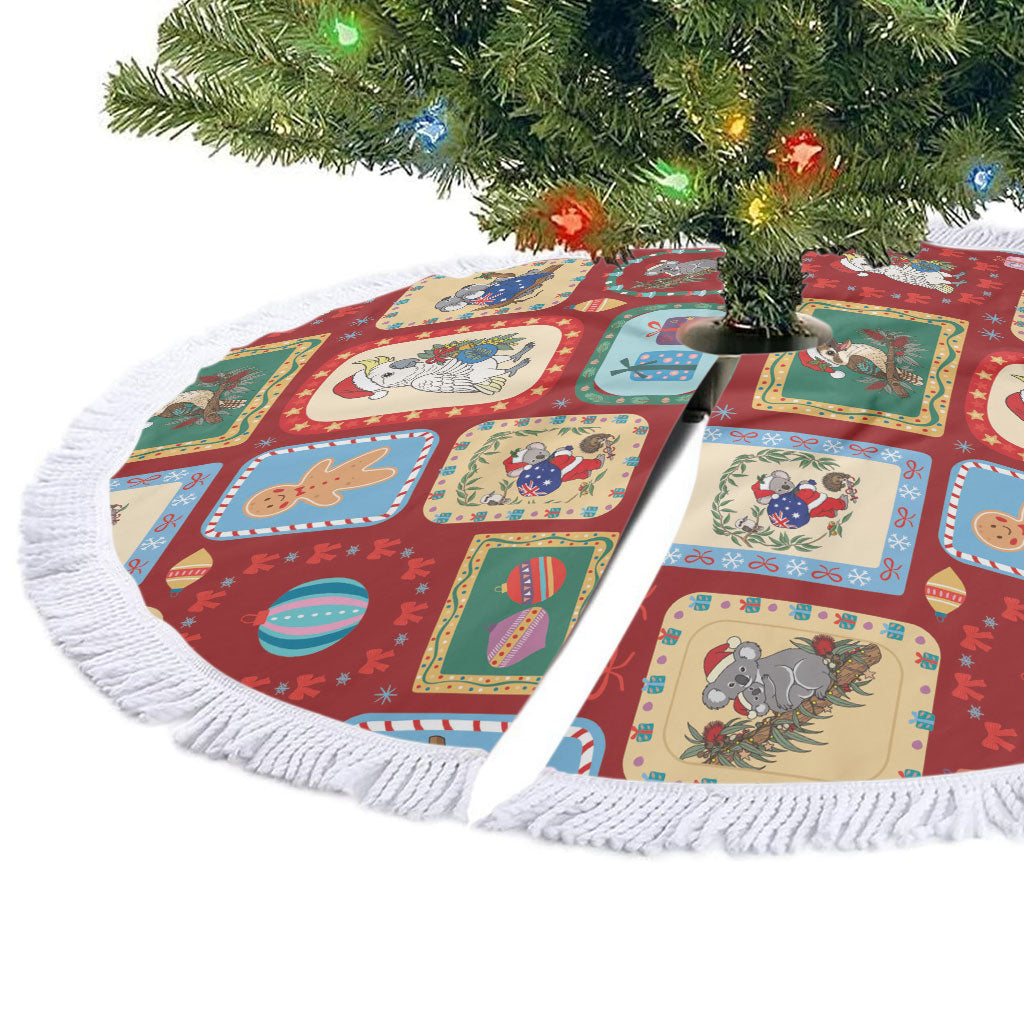 Australia Wildlife Christmas Stamps Tree Skirt Red Aussie Native Animal Seamless Pattern