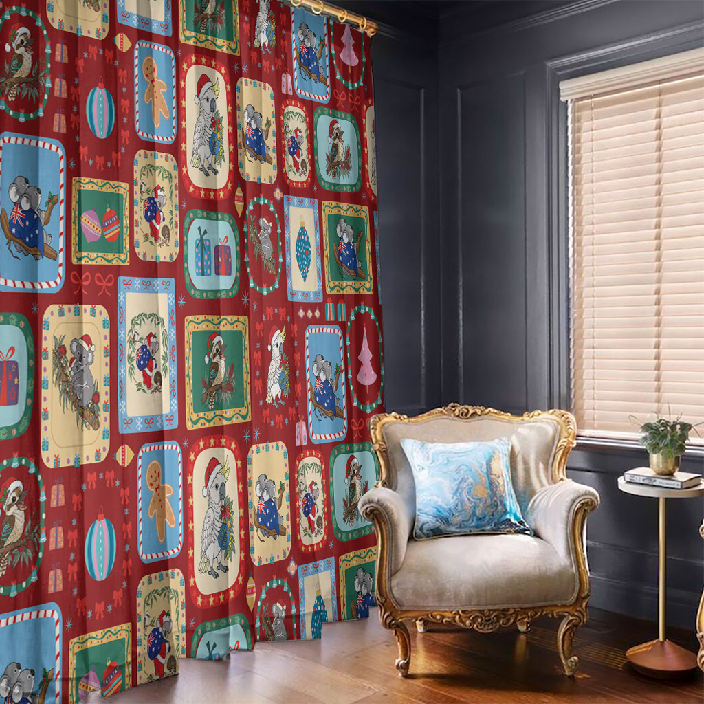 Australia Wildlife Christmas Stamp Window Curtain Red Aussie Native Animal Seamless Pattern