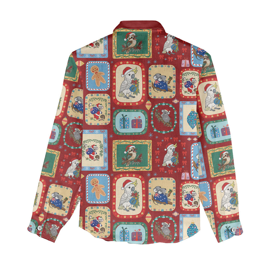 Australia Wildlife Christmas Stamp Women Casual Shirt Red Aussie Native Animal Seamless Pattern