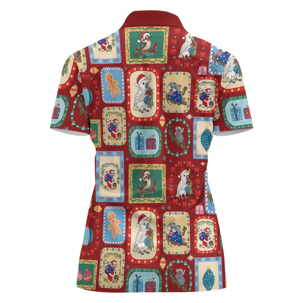 Australia Wildlife Christmas Stamp Women Polo Shirt Red Aussie Native Animal Seamless Pattern