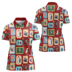 Australia Wildlife Christmas Stamp Women Polo Shirt Red Aussie Native Animal Seamless Pattern