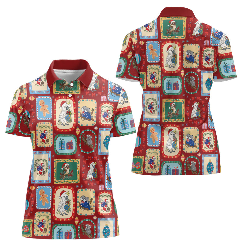 Australia Wildlife Christmas Stamp Women Polo Shirt Red Aussie Native Animal Seamless Pattern