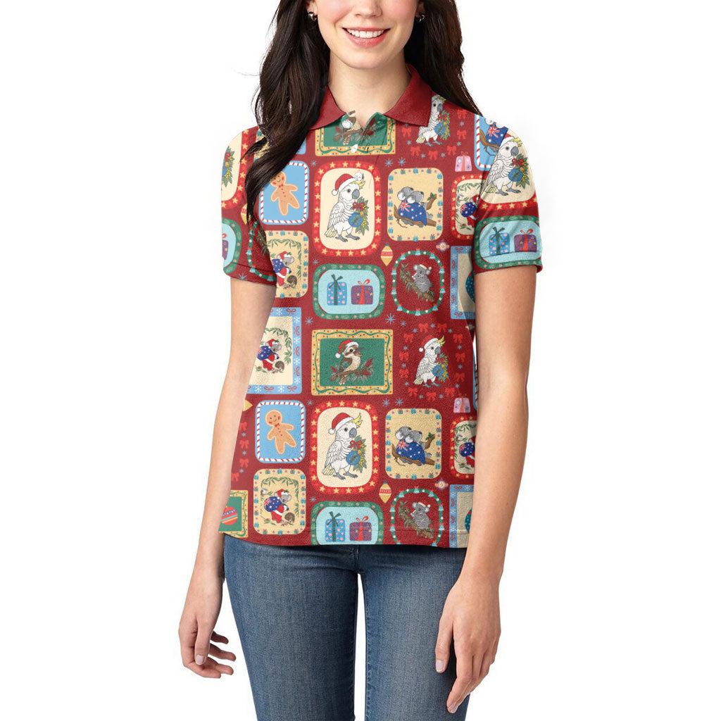 Australia Wildlife Christmas Stamp Women Polo Shirt Red Aussie Native Animal Seamless Pattern