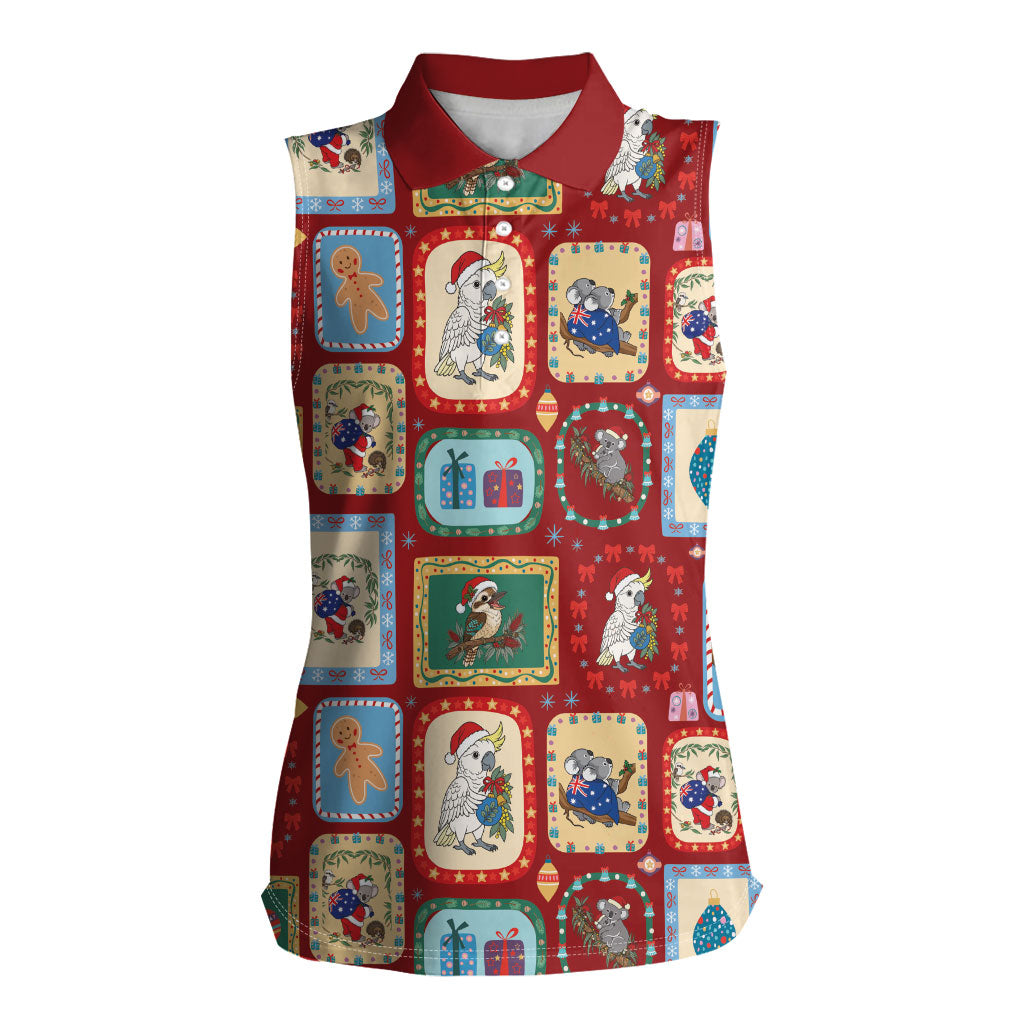Australia Wildlife Christmas Stamp Women Sleeveless Polo Shirt Red Aussie Native Animal Seamless Pattern