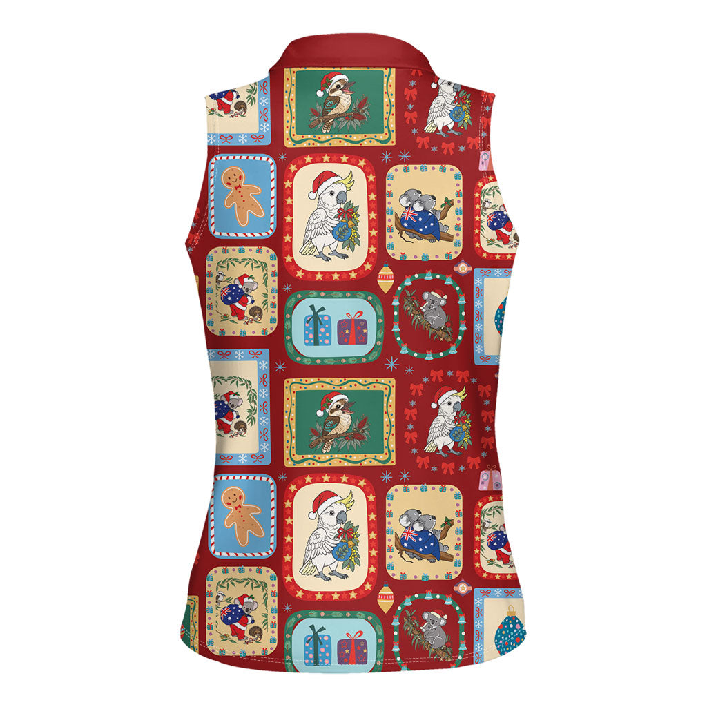 Australia Wildlife Christmas Stamp Women Sleeveless Polo Shirt Red Aussie Native Animal Seamless Pattern