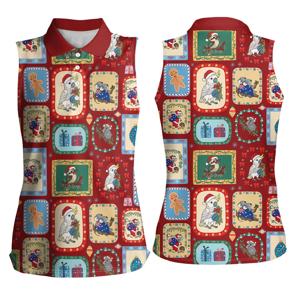 Australia Wildlife Christmas Stamp Women Sleeveless Polo Shirt Red Aussie Native Animal Seamless Pattern