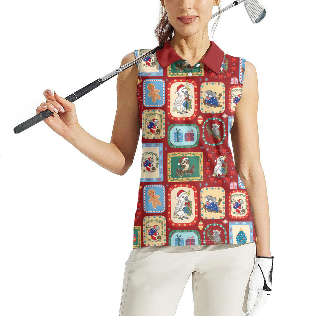 Australia Wildlife Christmas Stamp Women Sleeveless Polo Shirt Red Aussie Native Animal Seamless Pattern