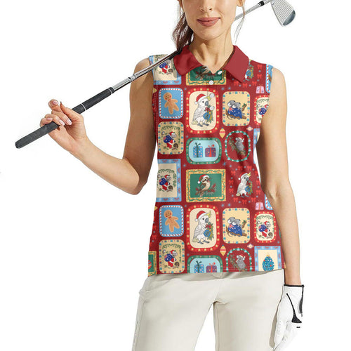 Australia Wildlife Christmas Stamp Women Sleeveless Polo Shirt Red Aussie Native Animal Seamless Pattern