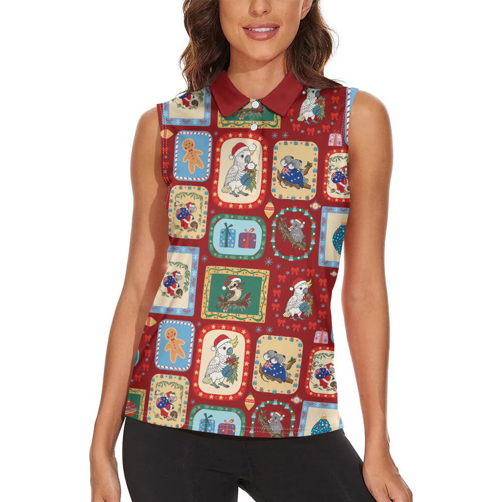 Australia Wildlife Christmas Stamp Women Sleeveless Polo Shirt Red Aussie Native Animal Seamless Pattern