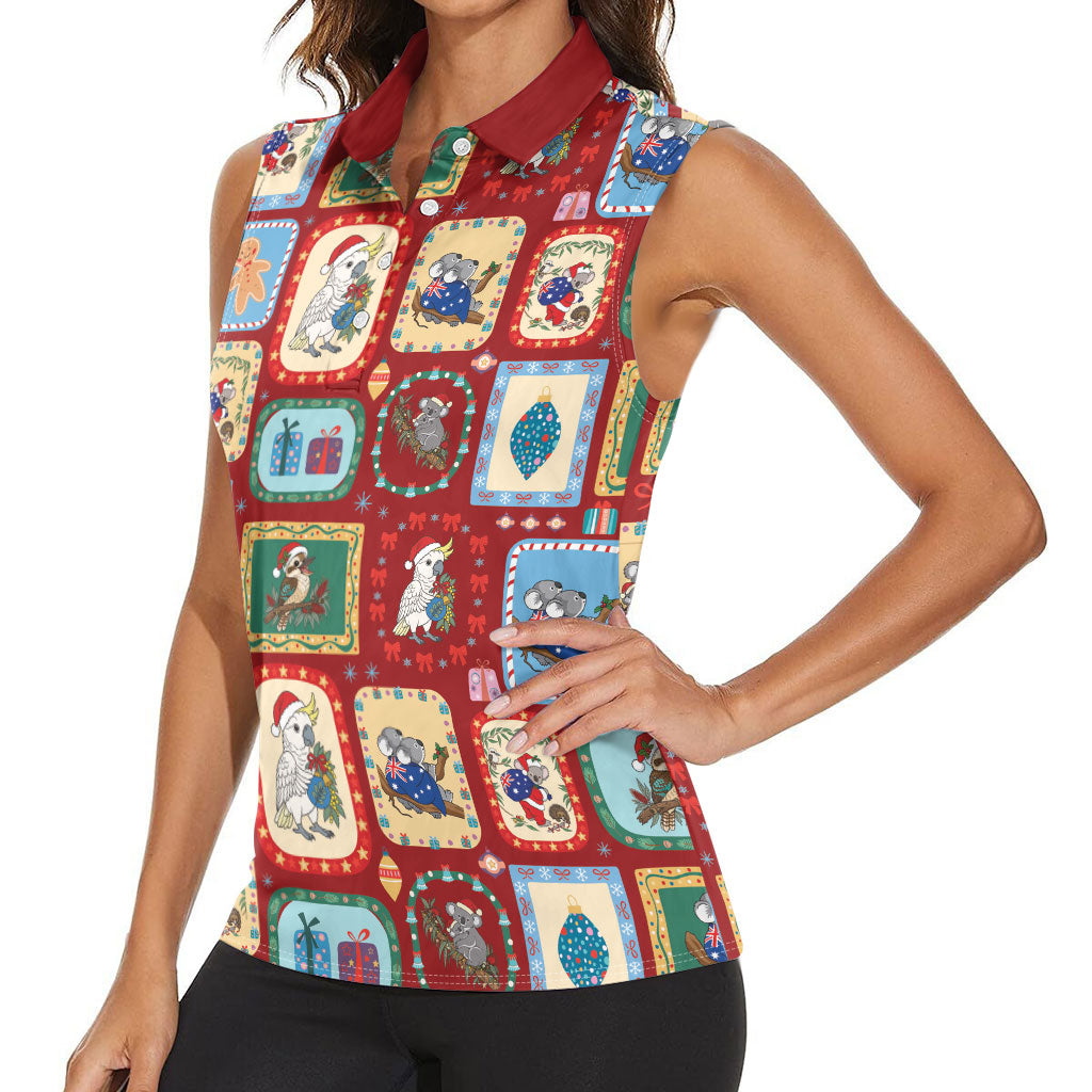 Australia Wildlife Christmas Stamp Women Sleeveless Polo Shirt Red Aussie Native Animal Seamless Pattern