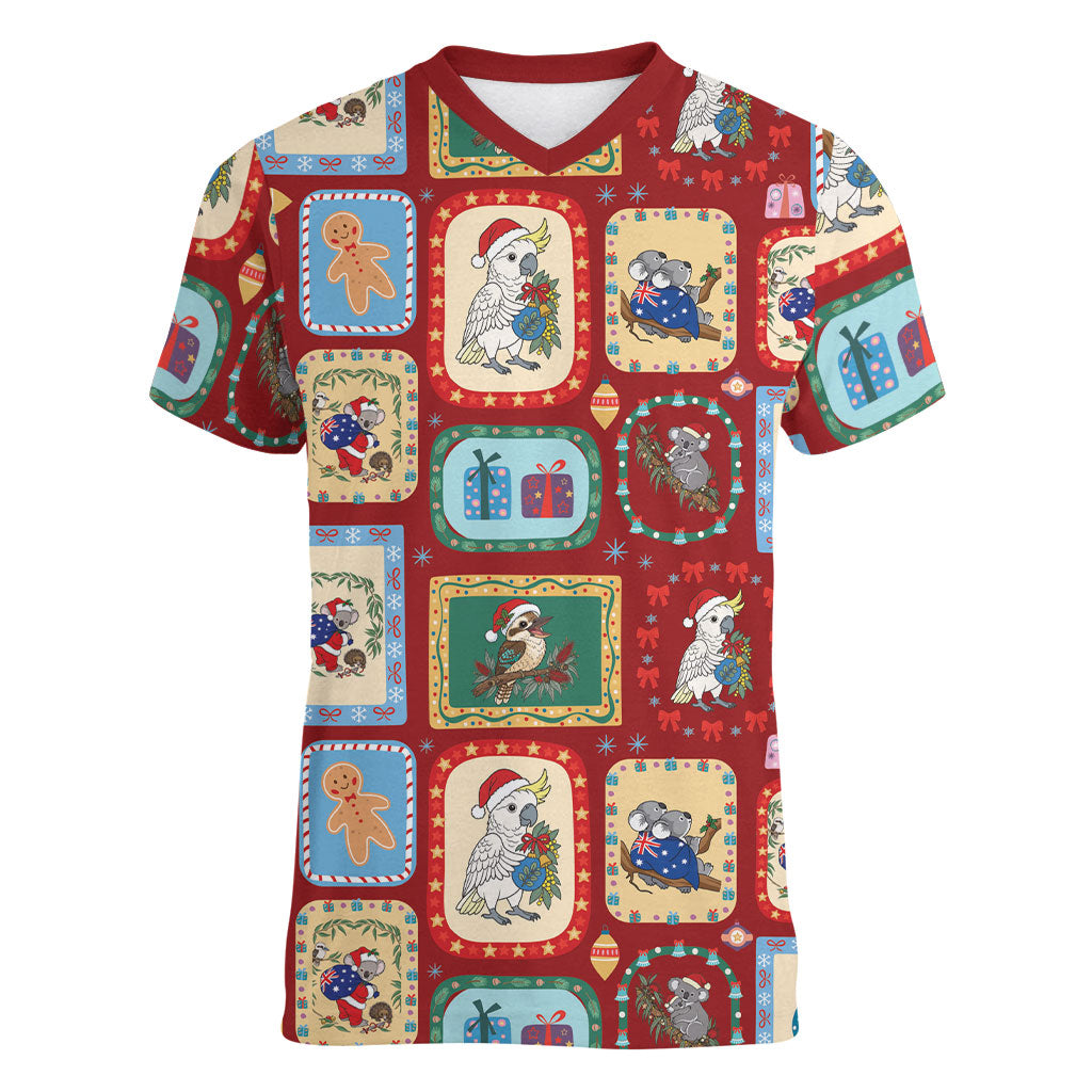 Australia Wildlife Christmas Stamp Women V-Neck T-Shirt Red Aussie Native Animal Seamless Pattern