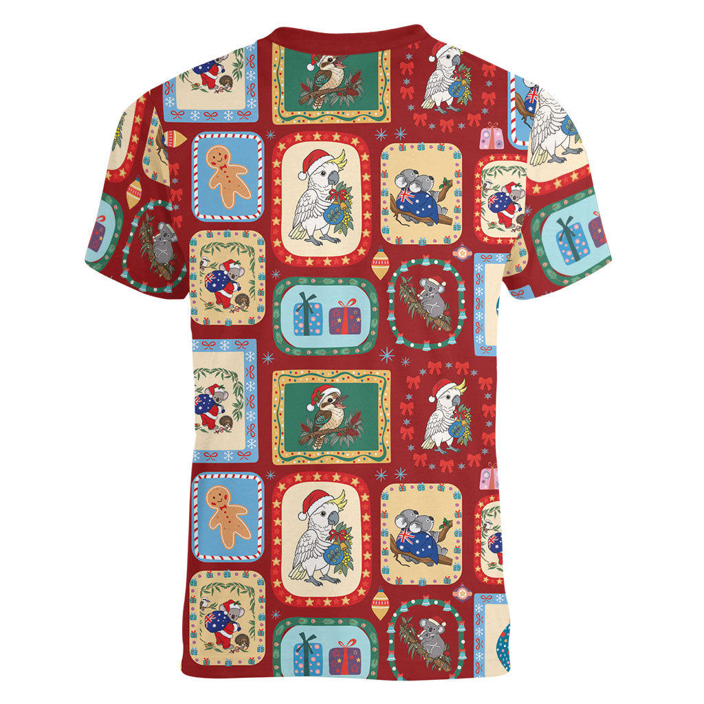 Australia Wildlife Christmas Stamp Women V-Neck T-Shirt Red Aussie Native Animal Seamless Pattern