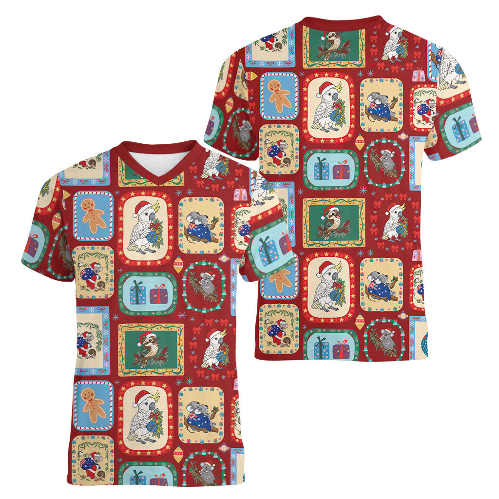 Australia Wildlife Christmas Stamp Women V-Neck T-Shirt Red Aussie Native Animal Seamless Pattern