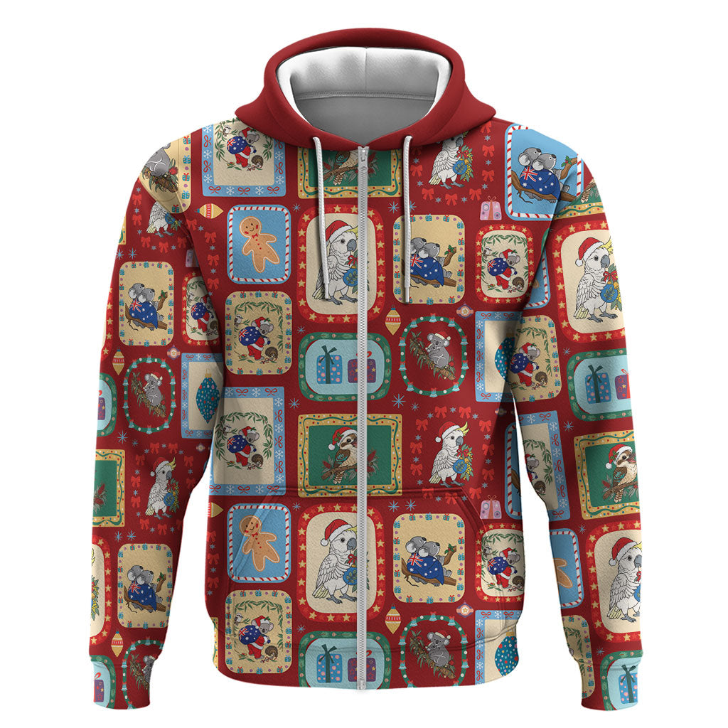 Australia Wildlife Christmas Stamp Zip Hoodie Red Aussie Native Animal Seamless Pattern
