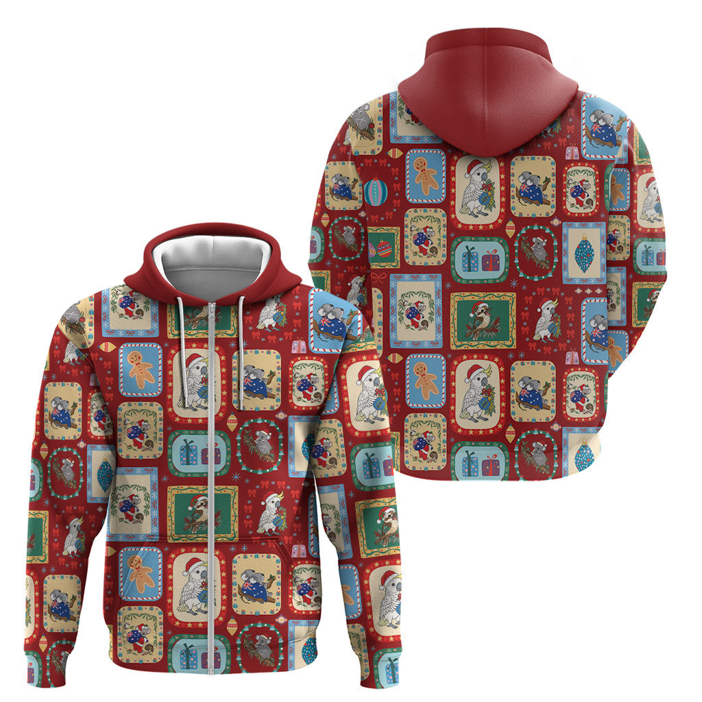 Australia Wildlife Christmas Stamp Zip Hoodie Red Aussie Native Animal Seamless Pattern