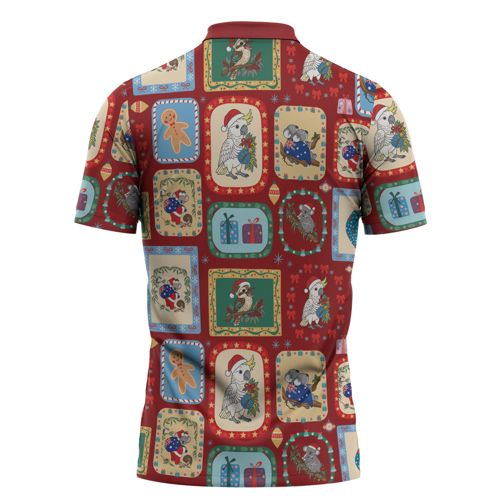 Australia Wildlife Christmas Stamp Zipper Polo Shirt Red Aussie Native Animal Seamless Pattern