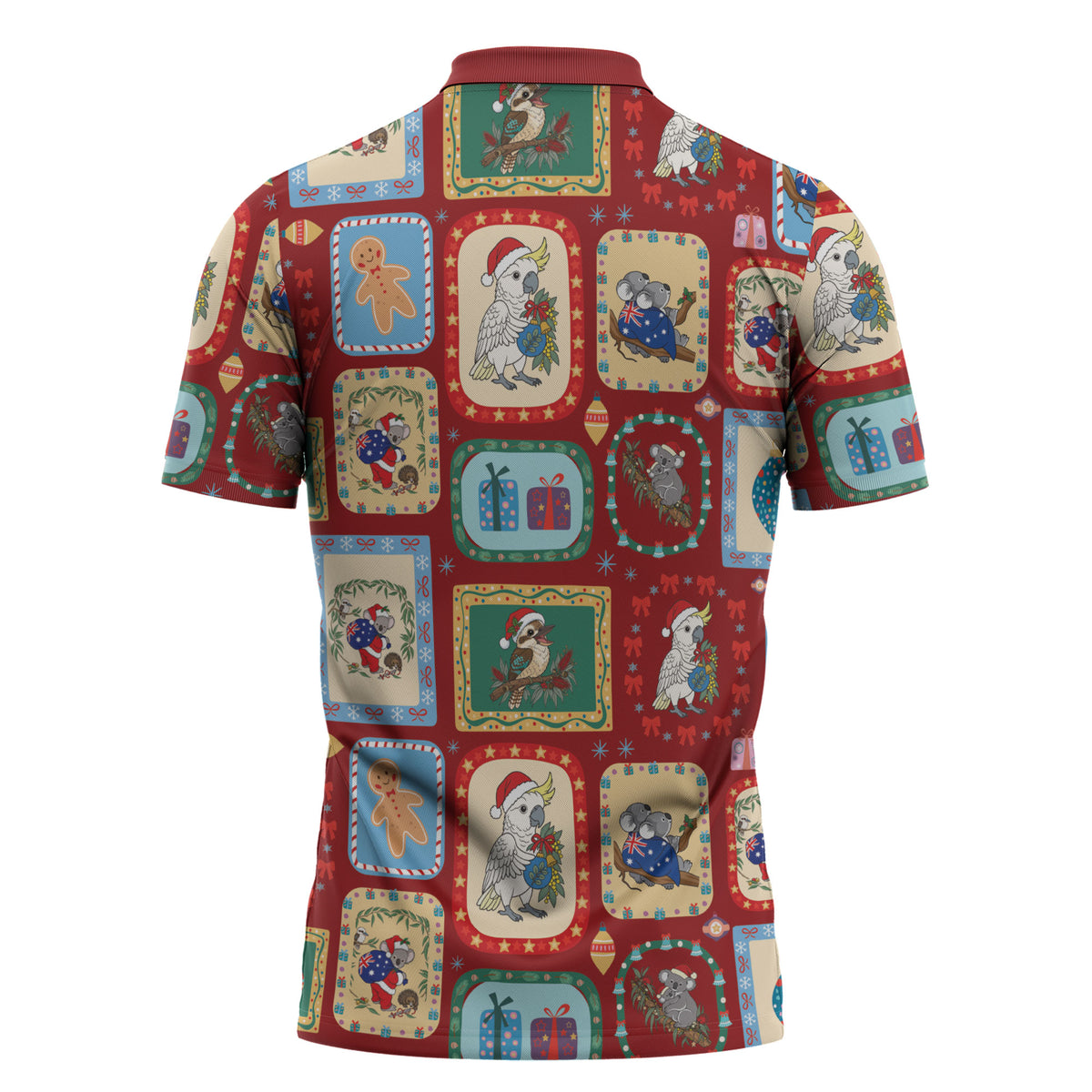 Australia Wildlife Christmas Stamp Zipper Polo Shirt Red Aussie Native Animal Seamless Pattern