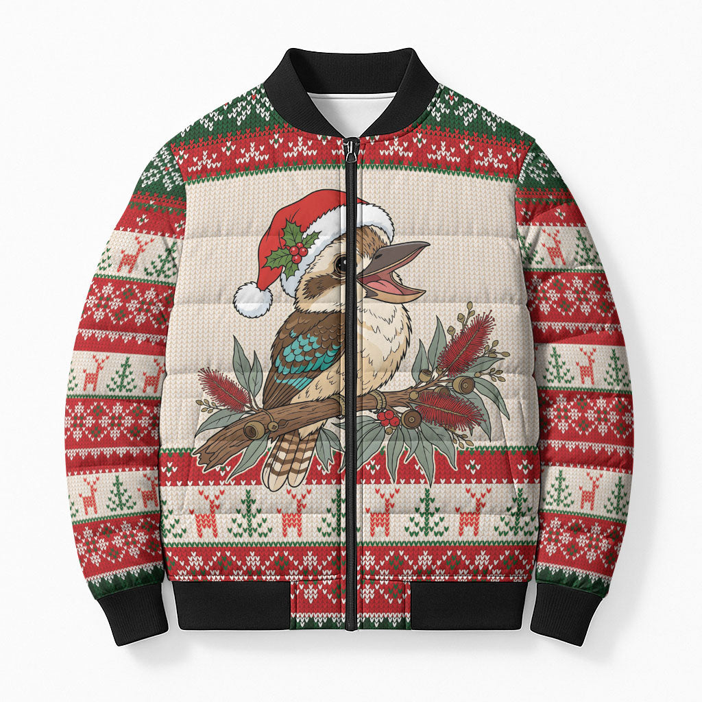 Aussie Kookaburra Christmas Bomber Puffer Jacket Festive Knitted Pattern Inspired
