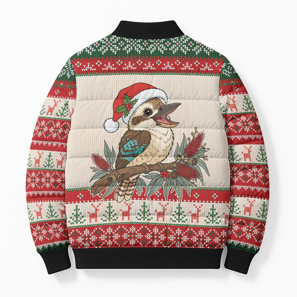 Aussie Kookaburra Christmas Bomber Puffer Jacket Festive Knitted Pattern Inspired