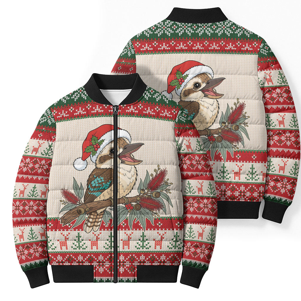 Aussie Kookaburra Christmas Bomber Puffer Jacket Festive Knitted Pattern Inspired