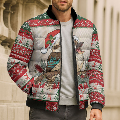 Aussie Kookaburra Christmas Bomber Puffer Jacket Festive Knitted Pattern Inspired