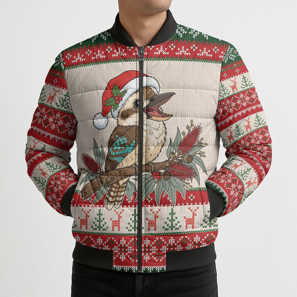 Aussie Kookaburra Christmas Bomber Puffer Jacket Festive Knitted Pattern Inspired