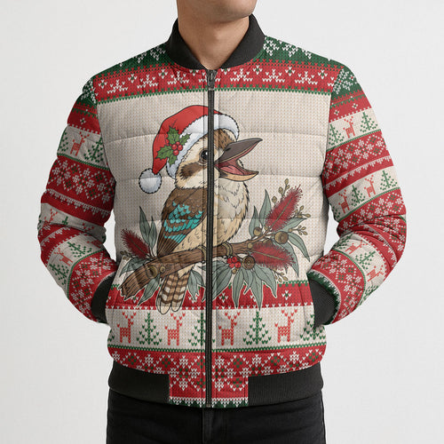 Aussie Kookaburra Christmas Bomber Puffer Jacket Festive Knitted Pattern Inspired