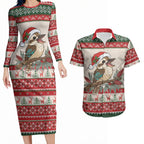 Aussie Kookaburra Christmas Couples Matching Long Sleeve Bodycon Dress and Hawaiian Shirt Festive Knitted Pattern Inspired
