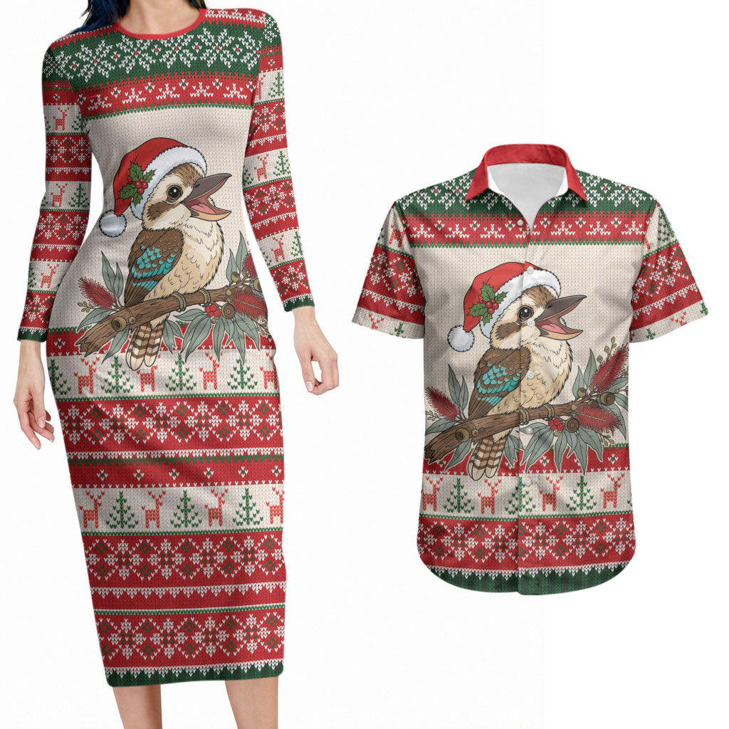 Aussie Kookaburra Christmas Couples Matching Long Sleeve Bodycon Dress and Hawaiian Shirt Festive Knitted Pattern Inspired