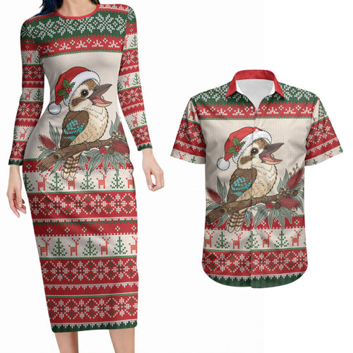 Aussie Kookaburra Christmas Couples Matching Long Sleeve Bodycon Dress and Hawaiian Shirt Festive Knitted Pattern Inspired