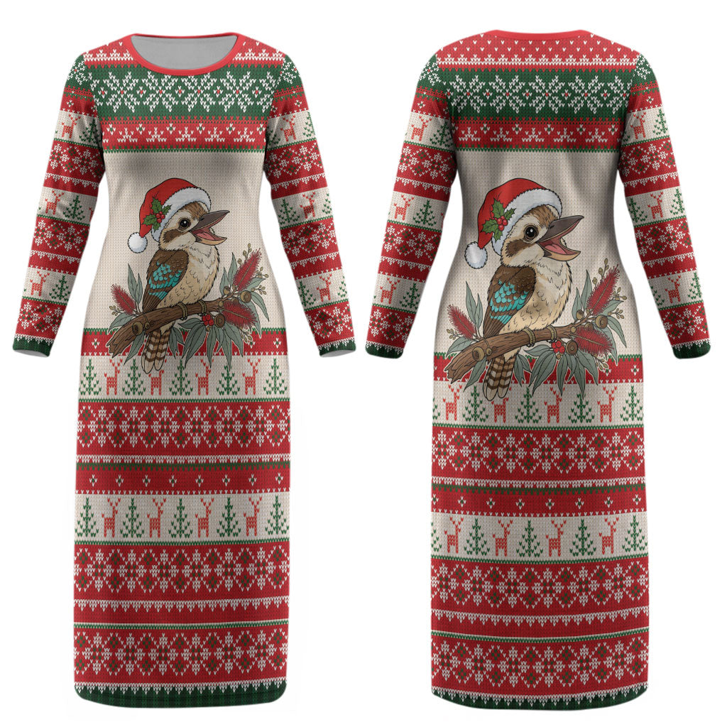 Aussie Kookaburra Christmas Couples Matching Long Sleeve Bodycon Dress and Hawaiian Shirt Festive Knitted Pattern Inspired
