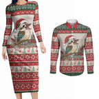 Aussie Kookaburra Christmas Couples Matching Long Sleeve Bodycon Dress and Long Sleeve Button Shirt Festive Knitted Pattern Inspired