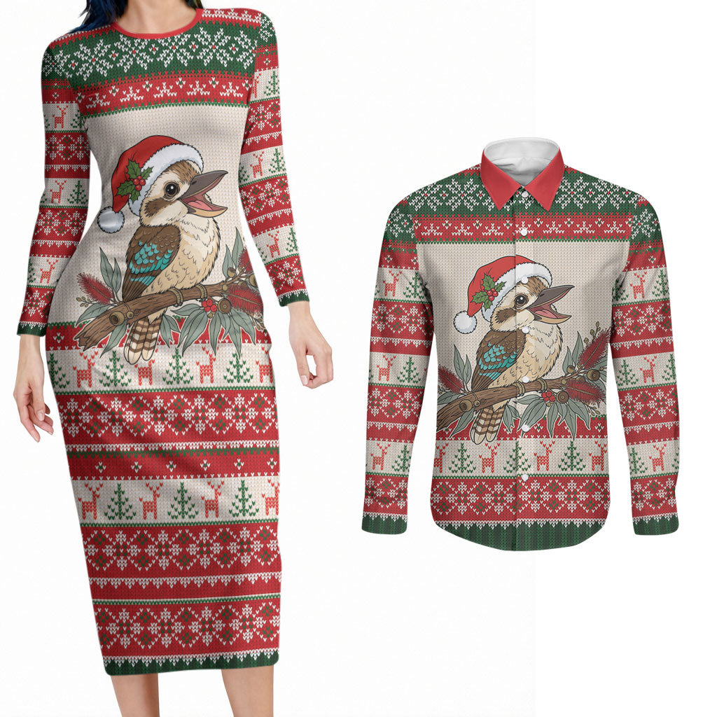 Aussie Kookaburra Christmas Couples Matching Long Sleeve Bodycon Dress and Long Sleeve Button Shirt Festive Knitted Pattern Inspired