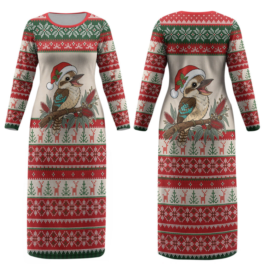 Aussie Kookaburra Christmas Couples Matching Long Sleeve Bodycon Dress and Long Sleeve Button Shirt Festive Knitted Pattern Inspired