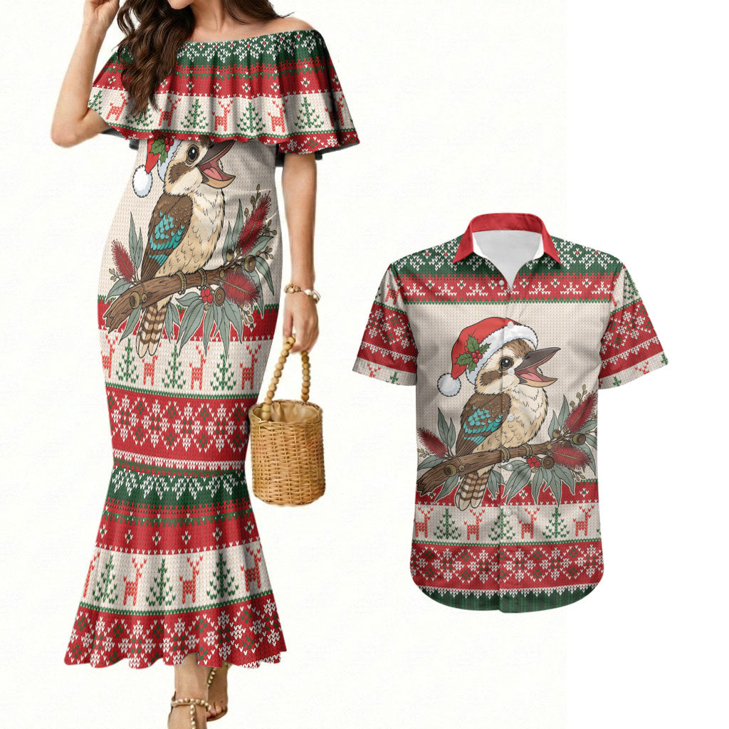 Aussie Kookaburra Christmas Couples Matching Mermaid Dress and Hawaiian Shirt Festive Knitted Pattern Inspired