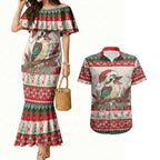 Aussie Kookaburra Christmas Couples Matching Mermaid Dress and Hawaiian Shirt Festive Knitted Pattern Inspired