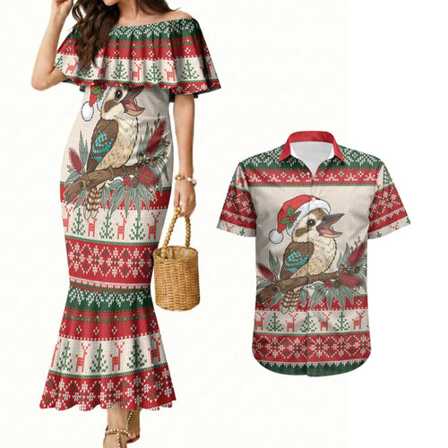 Aussie Kookaburra Christmas Couples Matching Mermaid Dress and Hawaiian Shirt Festive Knitted Pattern Inspired
