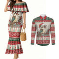 Aussie Kookaburra Christmas Couples Matching Mermaid Dress and Long Sleeve Button Shirt Festive Knitted Pattern Inspired
